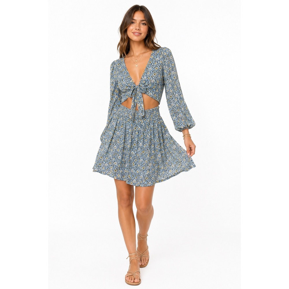 Bebop XL Blue Floral Tie Front Cutout Long Sleeve Mini Dress Festival Prairie
